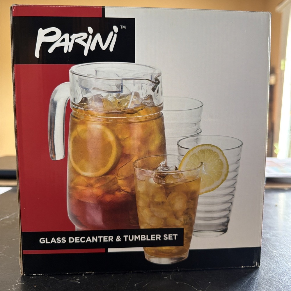 Parini Glass Decanter Pitcher and Tumbler Cup 5pc Set Clear Ribbed Modern NIB